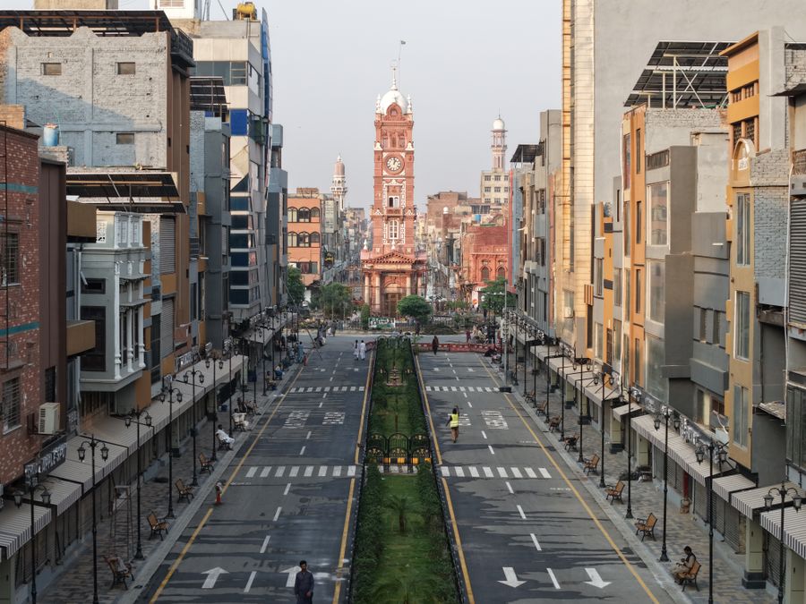 The Clock Tower at the end of a central street in Faisalabad