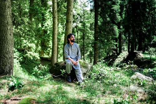 Free A man enjoys the tranquil atmosphere of a lush green forest, seated on a large rock. Stock Photo