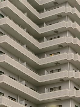 Geometric angles of a modern apartment building in Tokyo captured in soft light.