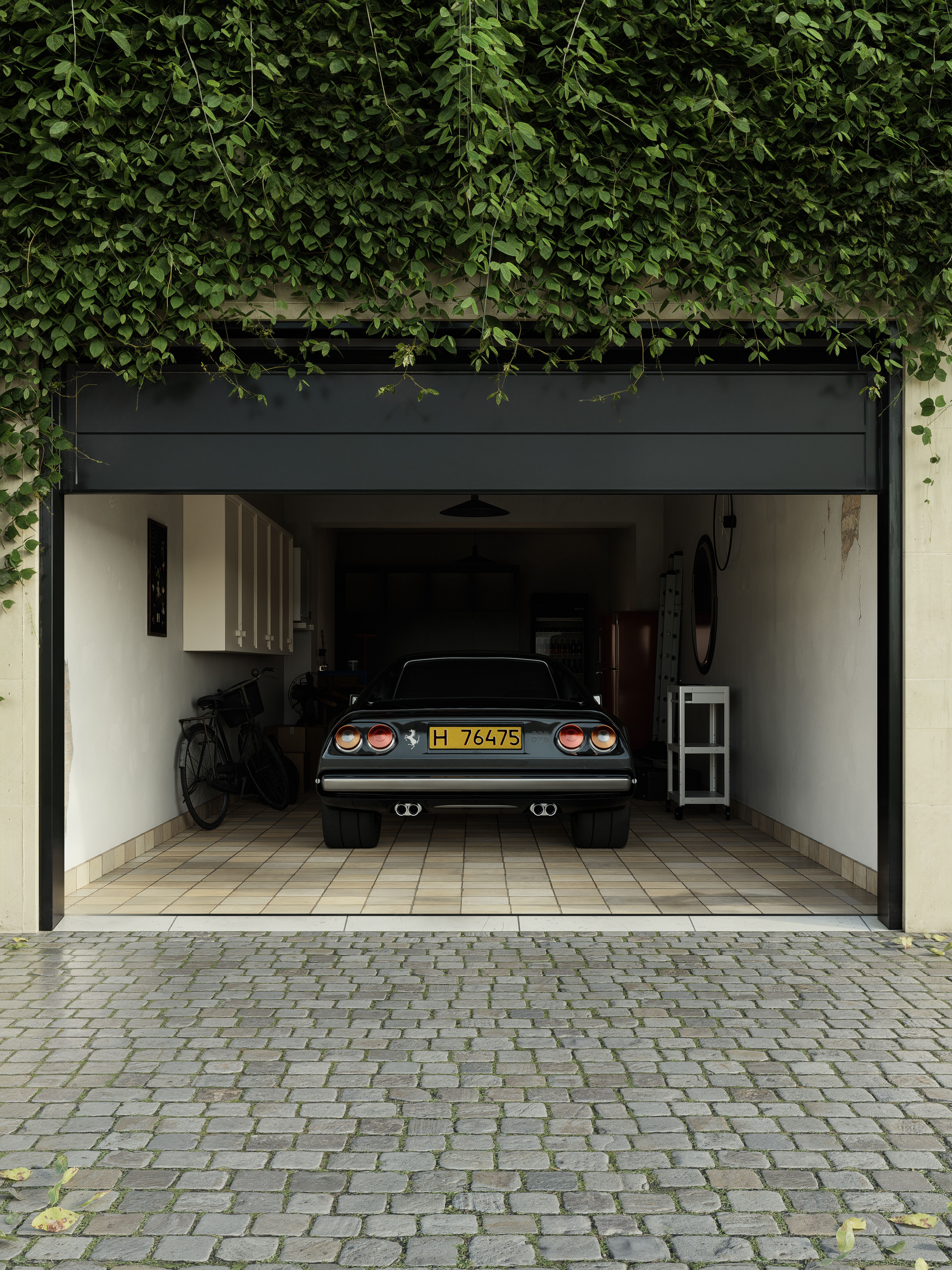 A classic car parked in an ivy-covered garage with a cobblestone driveway, exuding a retro charm.