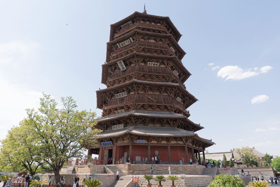 The towering Yingxian Wooden Pagoda against a blue sky, with intricate wooden brackets visible