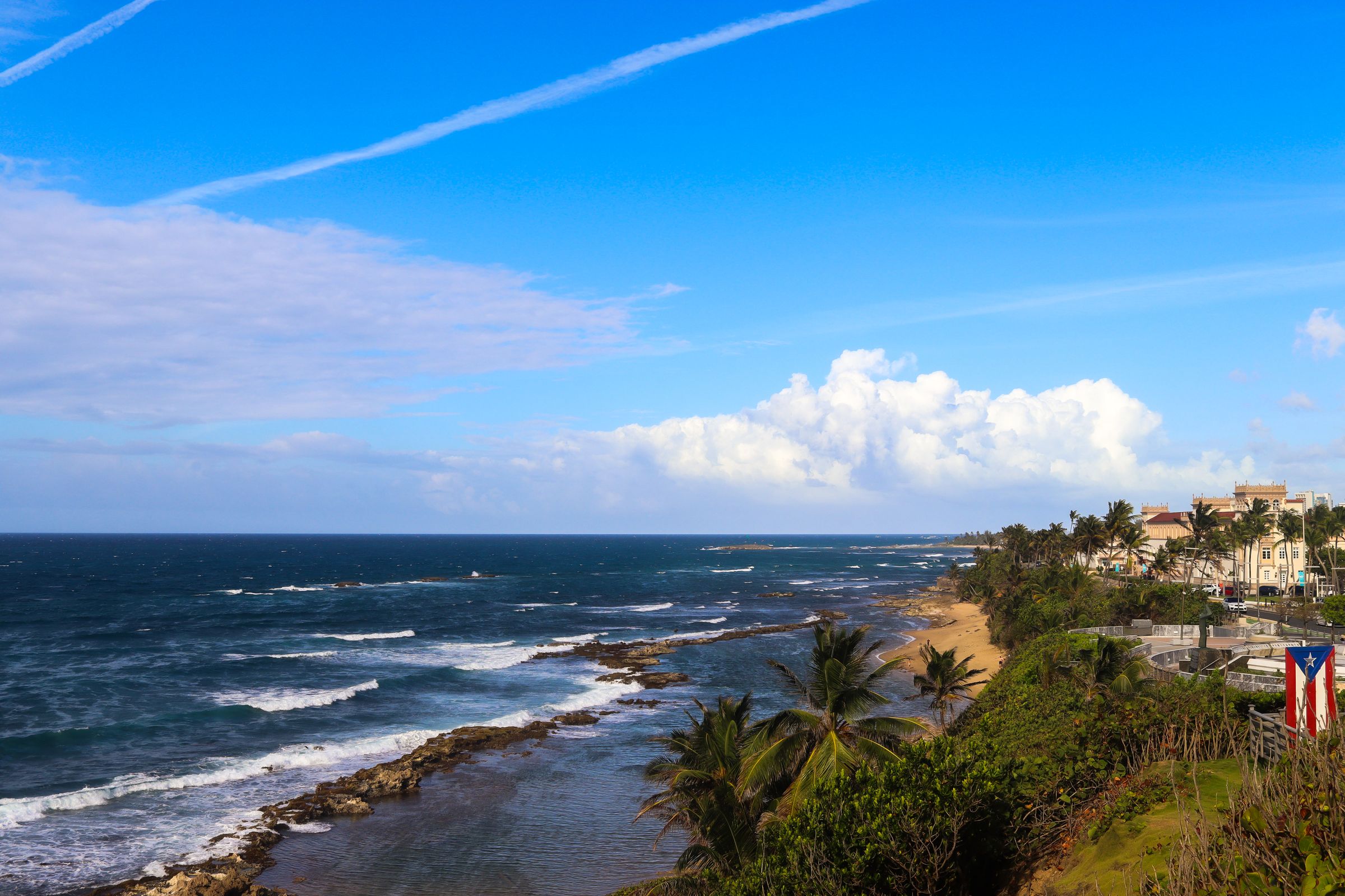 Palm trees along Puerto Rico's Atlantic coast, ocean and open sky