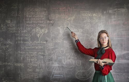 Strict female teacher with book pointing at scribbled blackboard