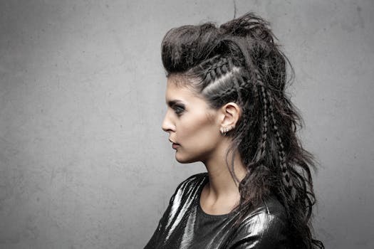 一位时尚女性，梳着前卫发型，身着黑色服装，背景带有纹理