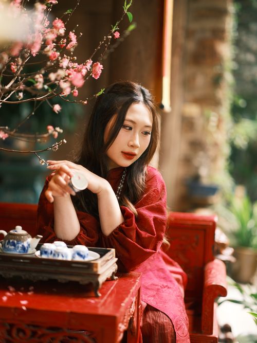 Free A woman enjoys a traditional tea ceremony in Vietnam surrounded by spring blossoms. Stock Photo
