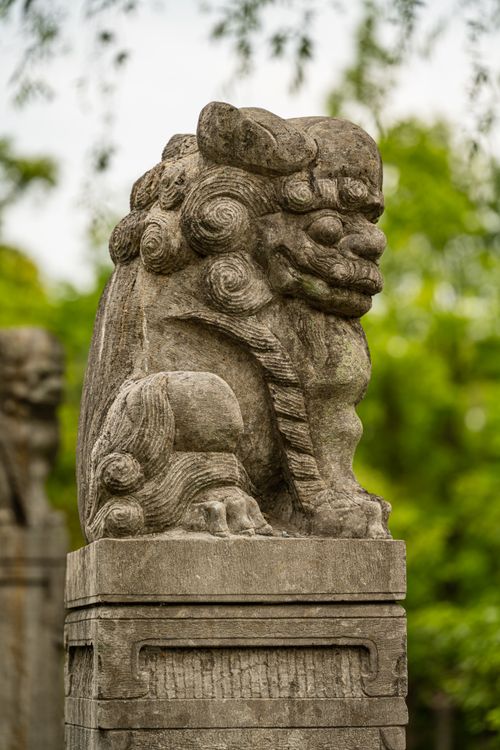 Free Close-up of a traditional stone guardian lion statue outdoors, surrounded by greenery. Stock Photo