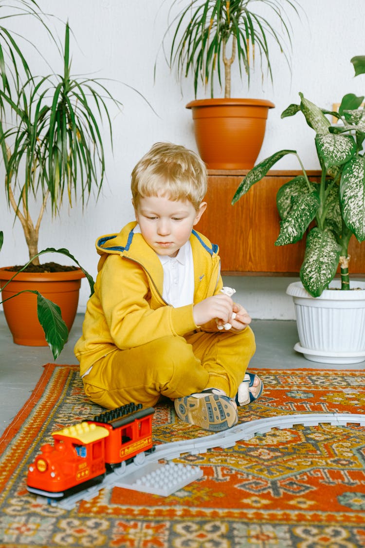 Cute Little Boy Playing With Toy Train At Home