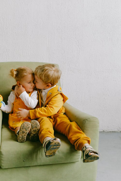 Free Little brother and sister in casual wear sitting in cozy armchair together and hugging in living room Stock Photo