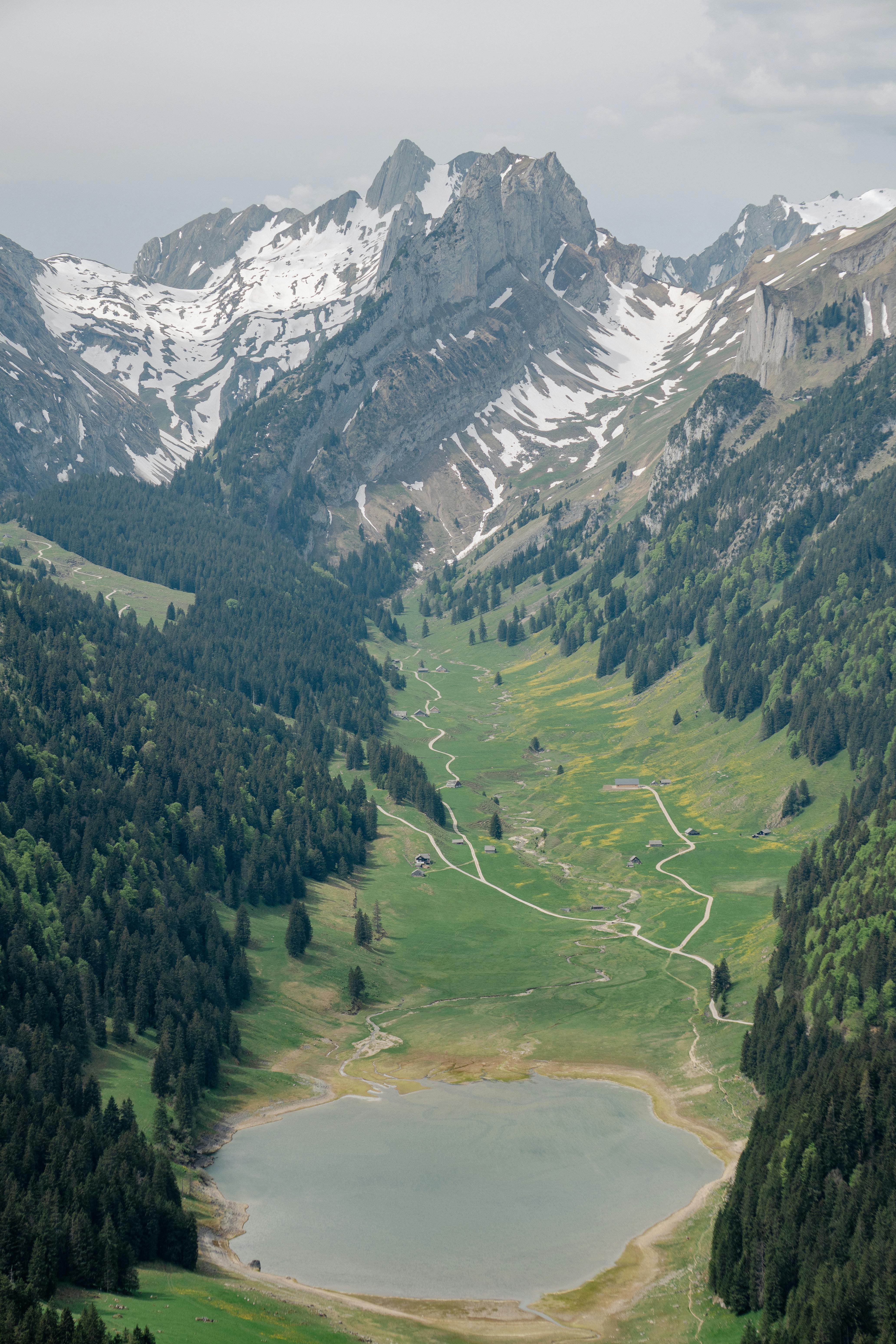De franc Una capturadora fotografia aèria d'una exuberant vall suïssa amb muntanyes nevades i un llac serè. Foto d'estoc
