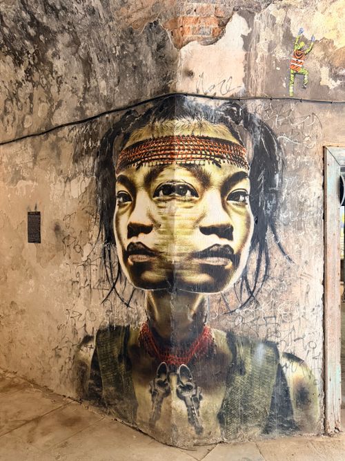 Free Double exposure style mural on a textured urban wall featuring a woman's face. Stock Photo