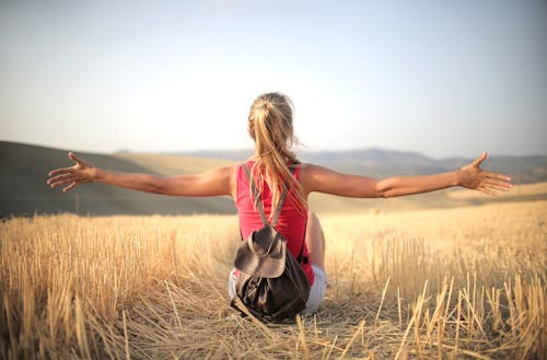 Free Back-view Photo of Woman in Red Tank Top Carrying Black Backpack Sitting on Brown Hay Field Stock Photo