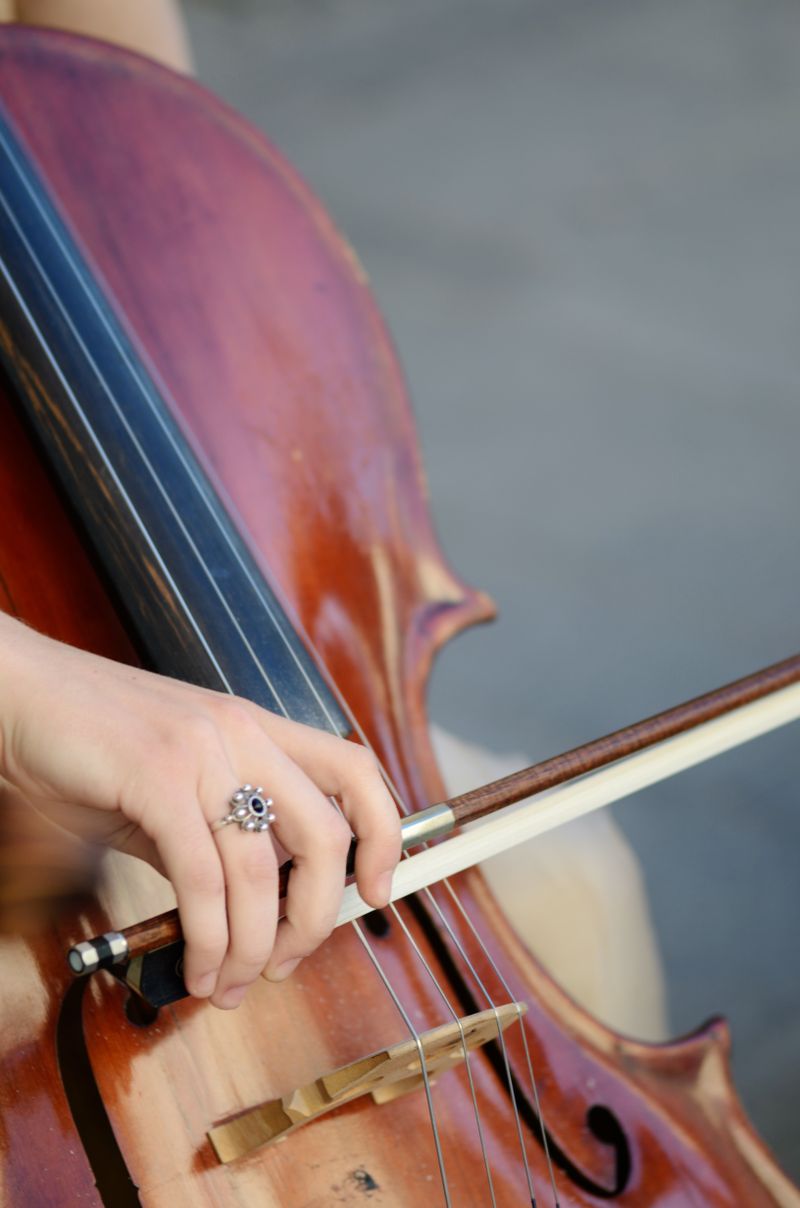 Close view of a musician playing the cello