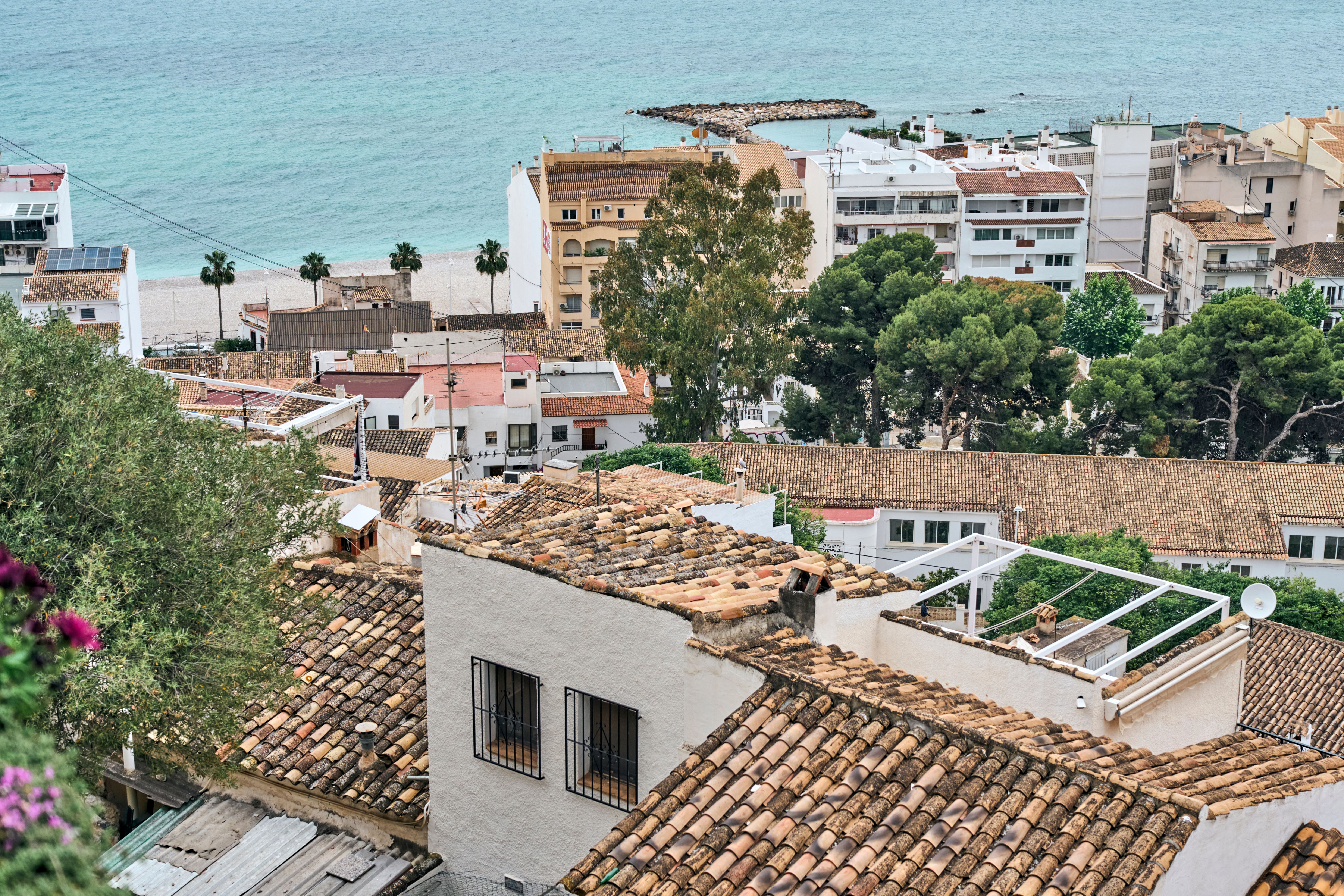 A picturesque view of a coastal town with tiled rooftops and the sea in the background.