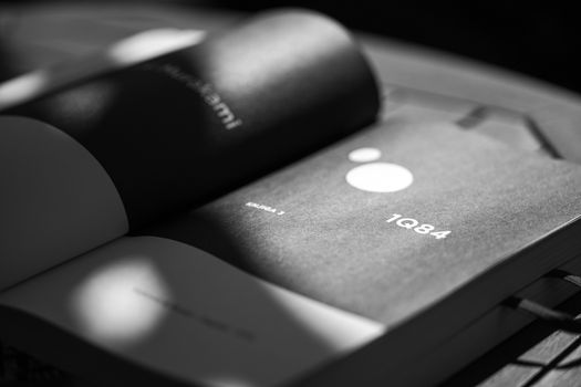 Monochrome photo of open book 1Q84, displaying text and shadows.