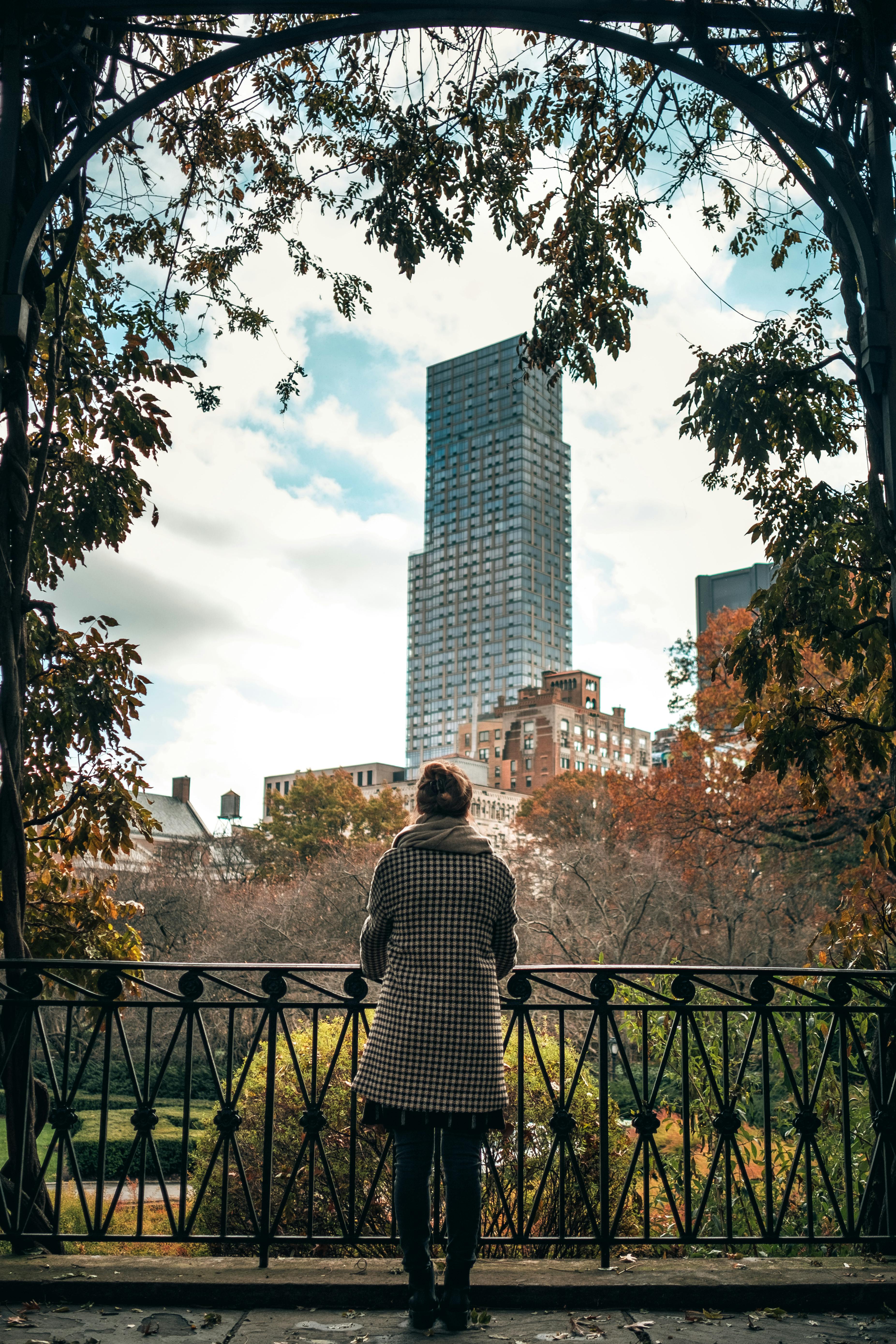 一名女子在公园栏杆旁凝视着秋叶和纽约市的天际线