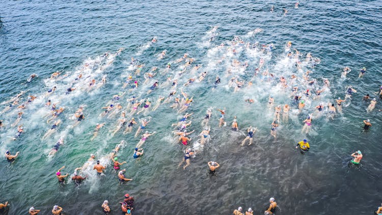 People Entering Water During Swim Challenge