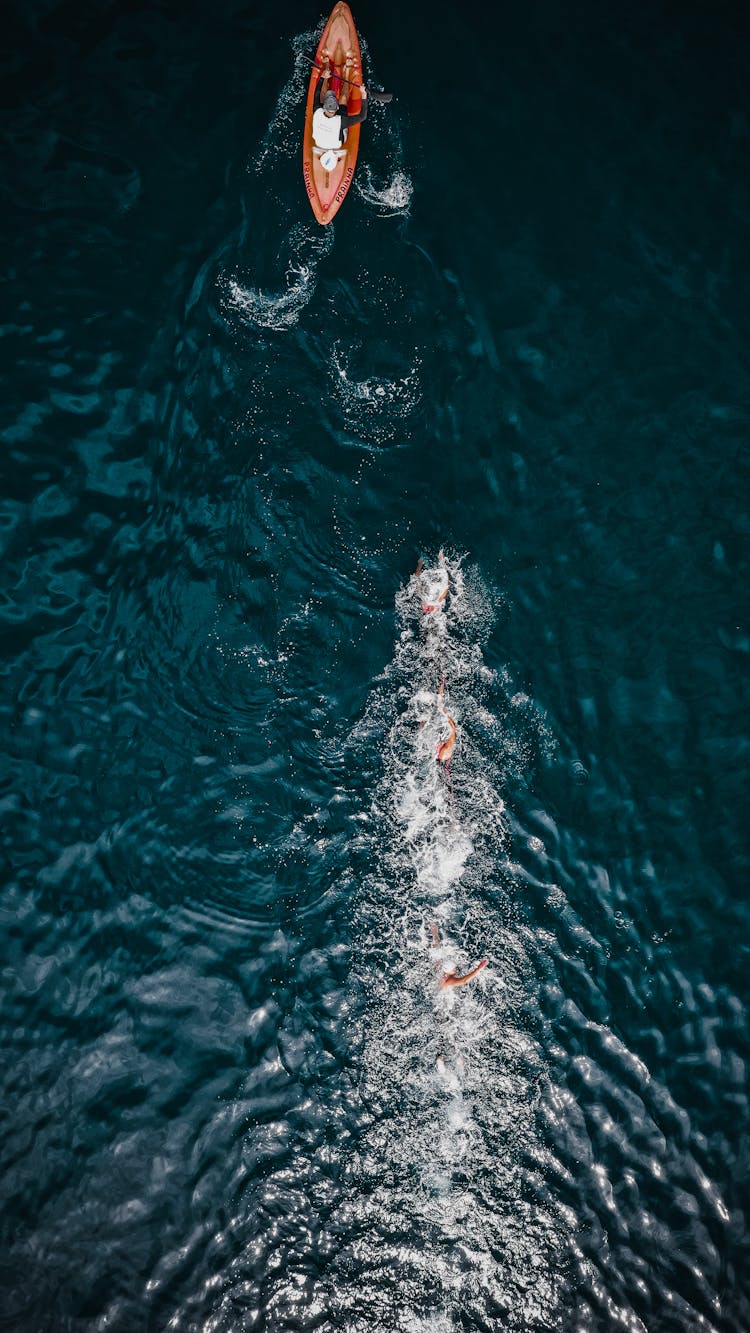 Boat Rowing Ahead Of Swimming People During Competition