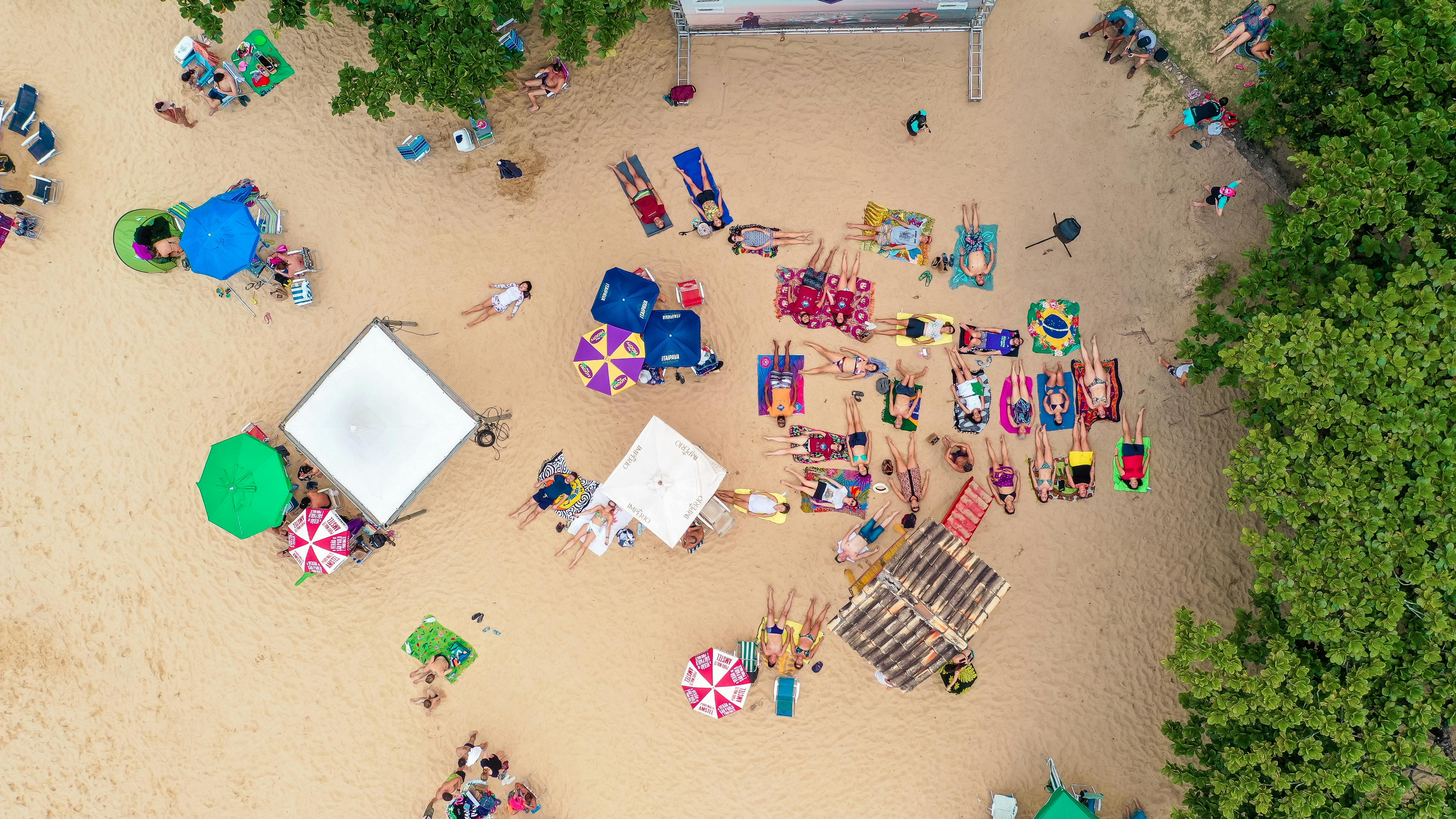 drone view of beach with people on holidays