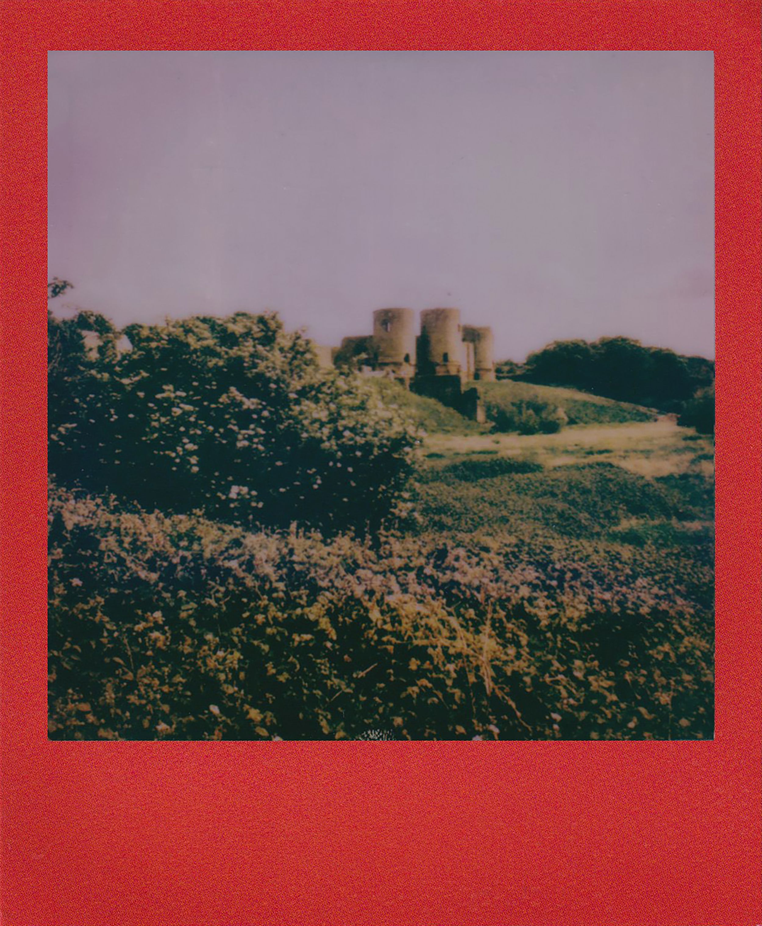 Blurred Polaroid image of a historic castle surrounded by nature.