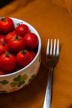 Vibrant cherry tomatoes in a floral patterned bowl on a warm-toned surface, ideal for health food concepts.