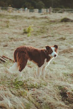 一只专注的边境牧羊犬，披着白棕相间的毛皮，站在乡村草坪上望向镜头