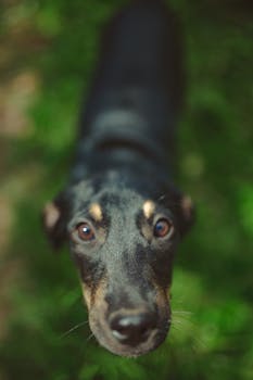 草地上，一只可爱的黑狗睁着棕色的眼睛，真诚地望着镜头