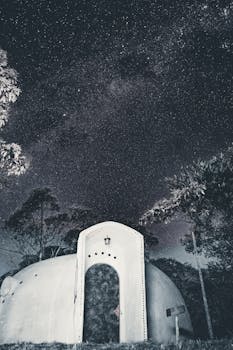 宁静的夜晚，户外现代天文台的圆顶上方，星光熠熠的天空展现眼前