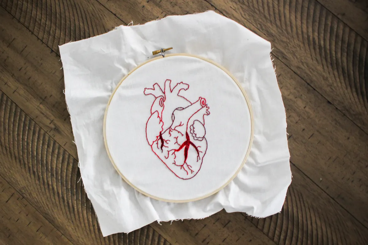 Bordir tangan motif hati merah di atas kain putih sebagai sentuhan personal untuk baju upcycle