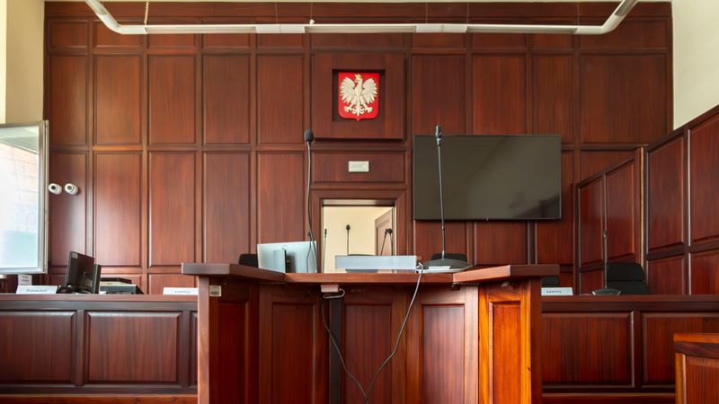 Elegant wooden interior of a courtroom in Wrocław, showcasing judicial decor.