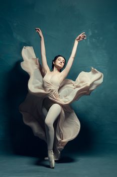 Graceful ballerina in elegant pose with flowing dress against a teal background, embodying poise and artistry.