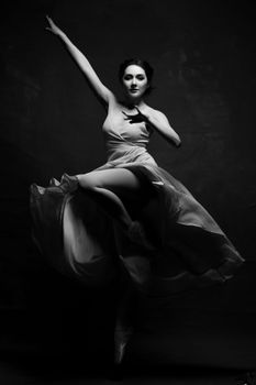 Graceful ballet dancer striking a pose in flowing dress, monochrome theme.