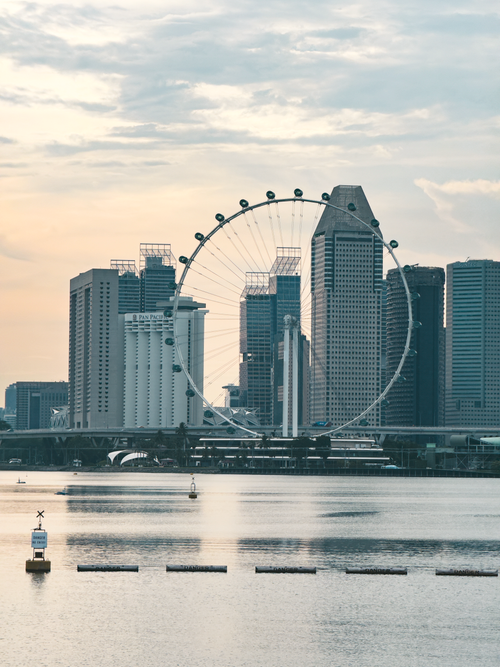 Free Scenic view of the Singapore skyline with Ferris wheel and calm waterfront at dawn. Stock Photo