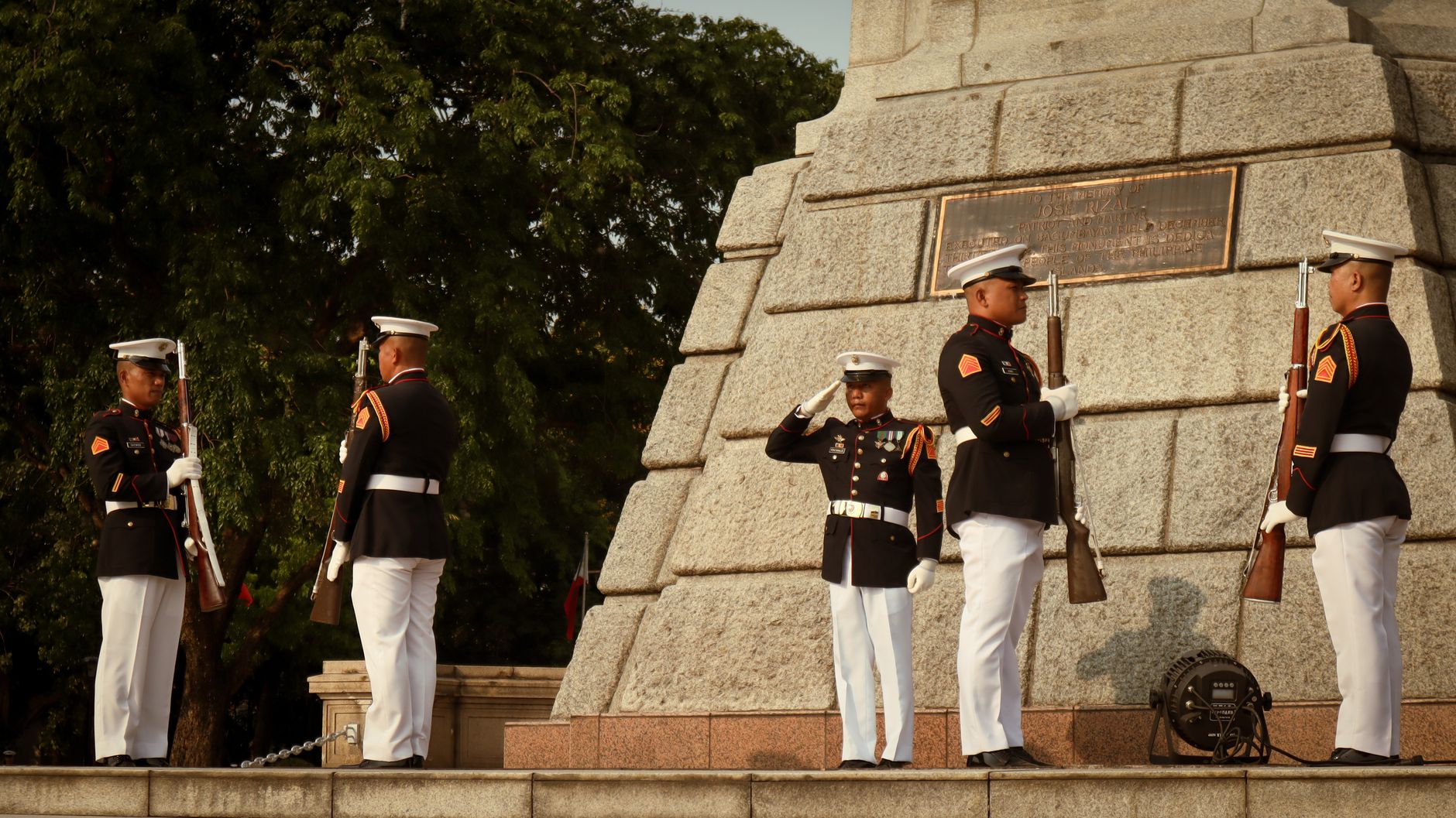 Marines perform a ceremonial guard at the historical Rizal Monument in Manila.