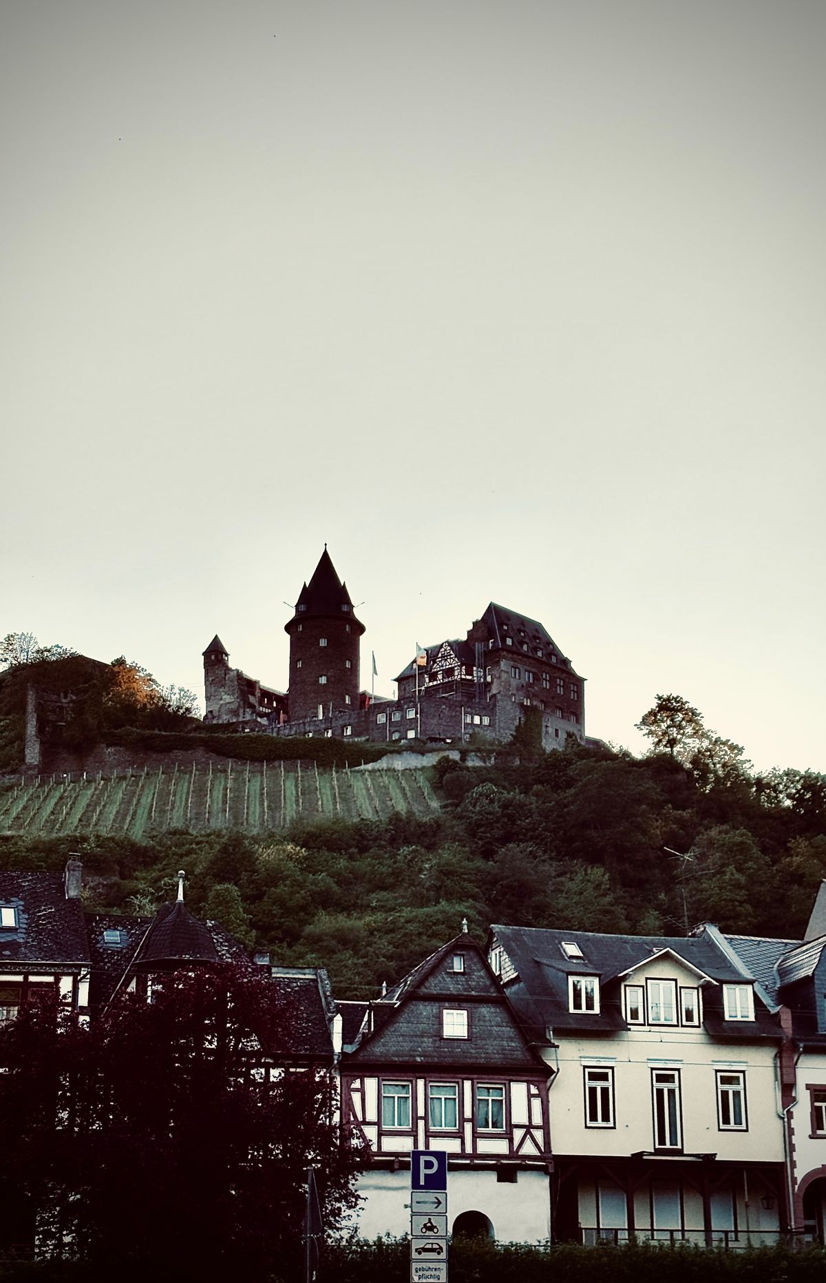 Burg Stahleck above the vineyards and rooftops of Bacharach