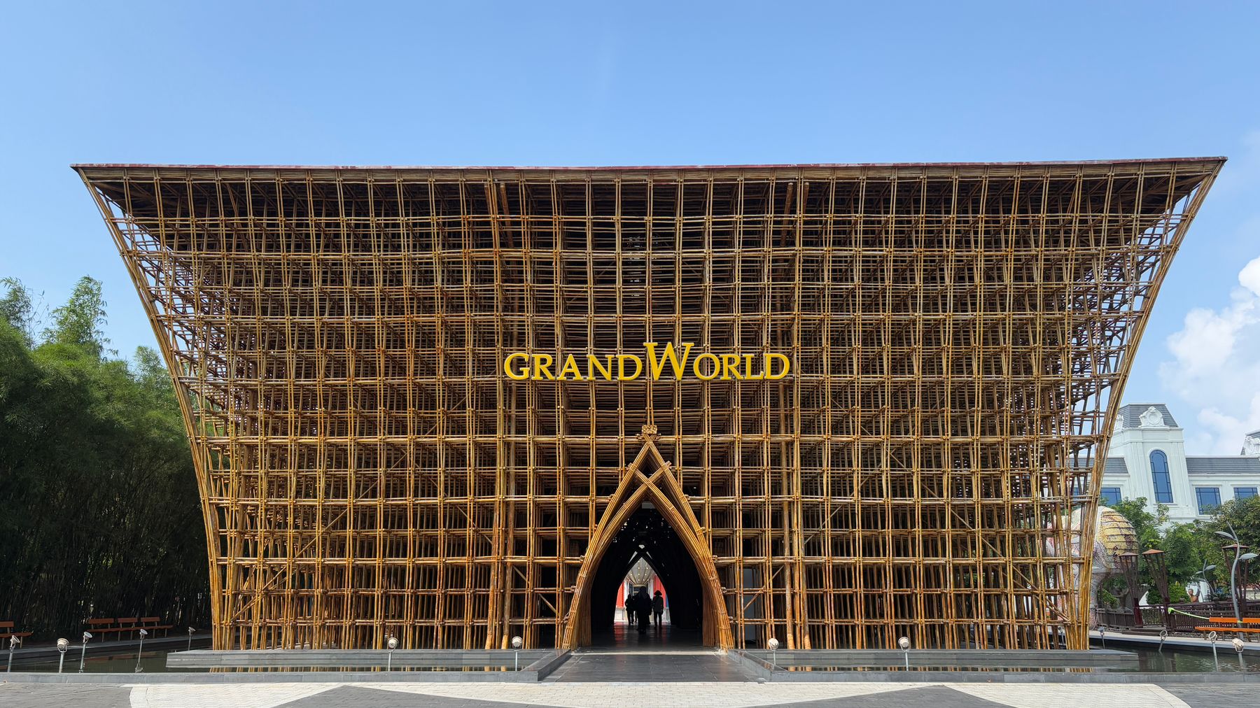 Stunning bamboo entrance at GrandWorld, Phu Quoc, Vietnam showcasing unique architectural design.