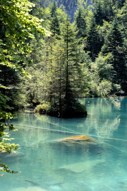 Free A serene view of Lake Blausee surrounded by dense, green forest reflecting in its clear, turquoise waters. Stock Photo