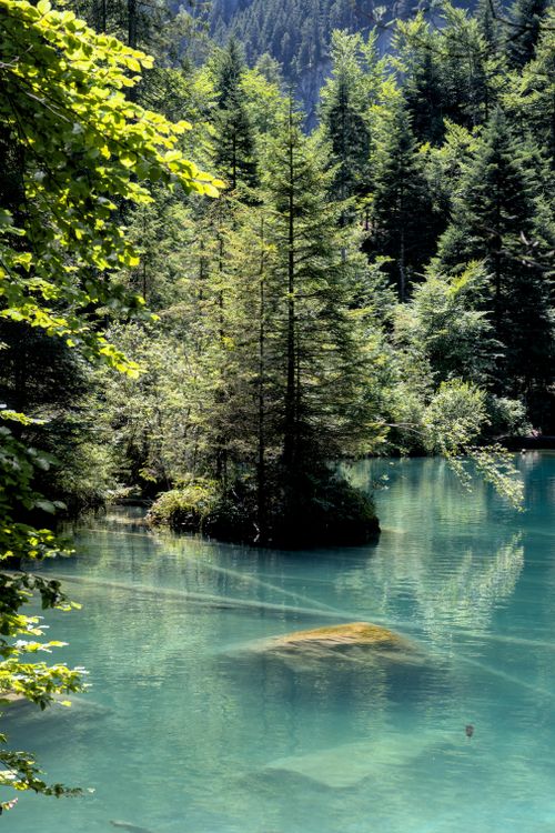 Free Serene alpine lake surrounded by dense forest, offering a tranquil escape in nature. Stock Photo