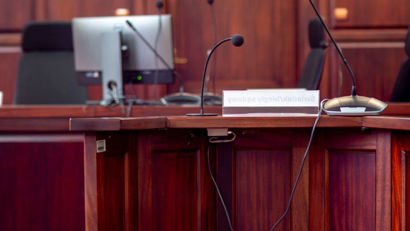 Close-up of a wooden podium with microphones in a Polish courtroom setting.