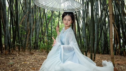 Free Elegant young woman in traditional attire holding an umbrella amidst a serene bamboo forest. Stock Photo