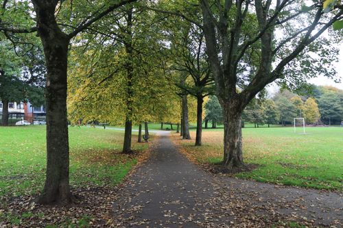 Free Tranquil park scene in England with autumn foliage and a winding path. Stock Photo