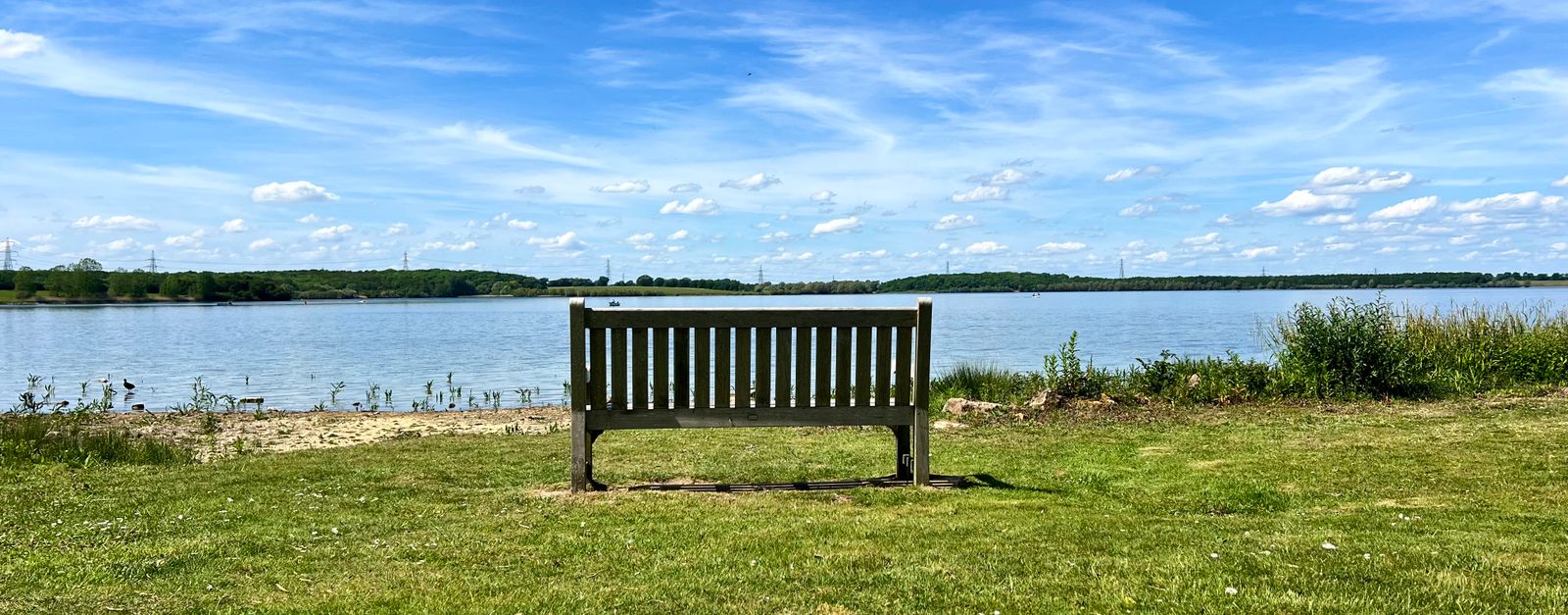Tranquil scene of a wooden bench by a lake under a clear blue sky.