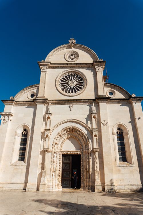 Free Beautiful front view of St. James Cathedral with detailed architecture on a sunny day. Stock Photo