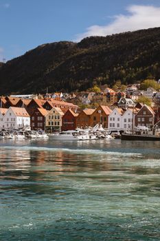 Scenic view of colorful buildings along the water in Bergen, Norway.