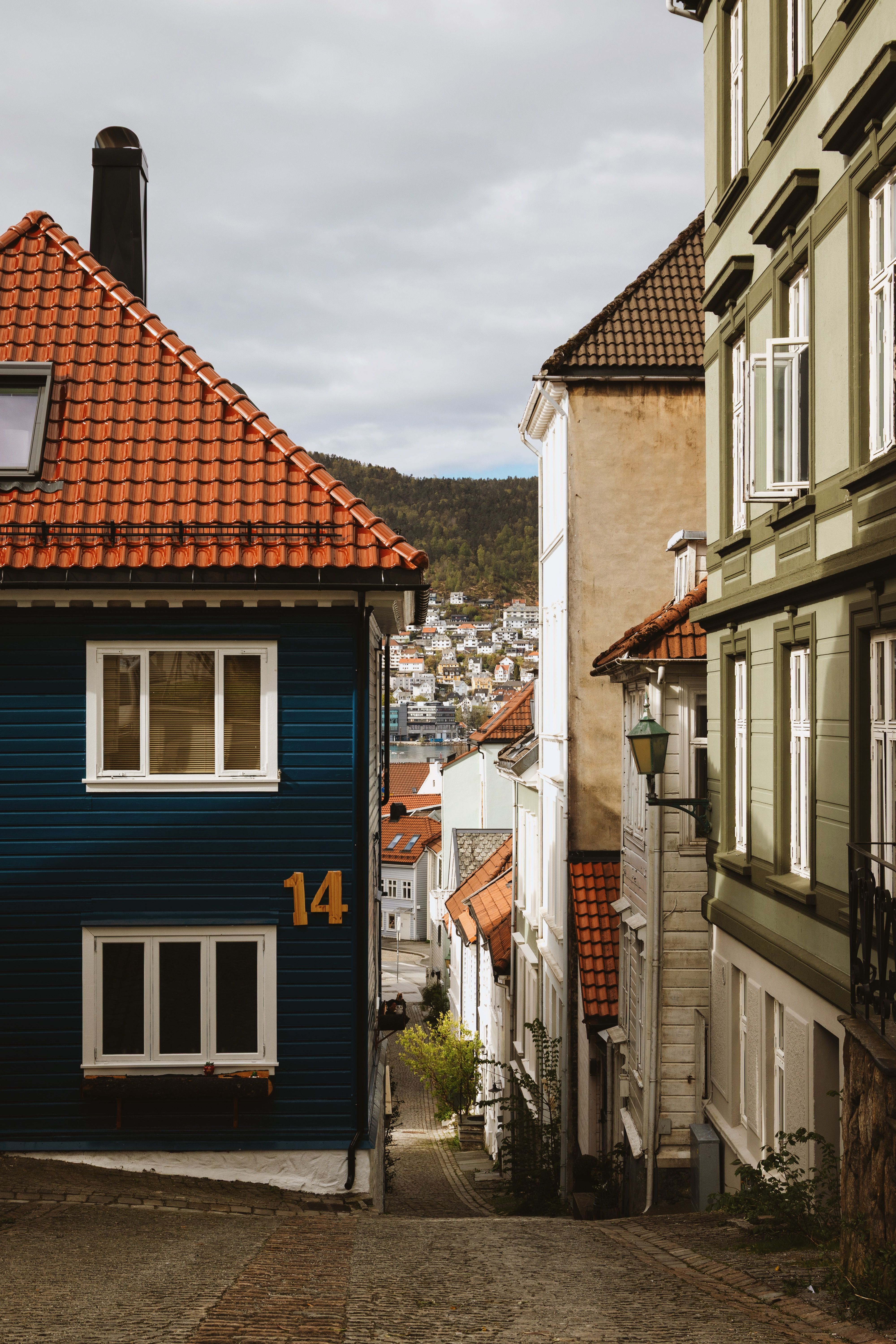 Quaint streets and colorful houses in Bergen, Norway, showcasing scenic urban charm.