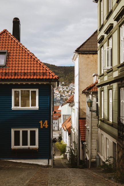 Quaint streets and colorful houses in Bergen, Norway, showcasing scenic urban charm.