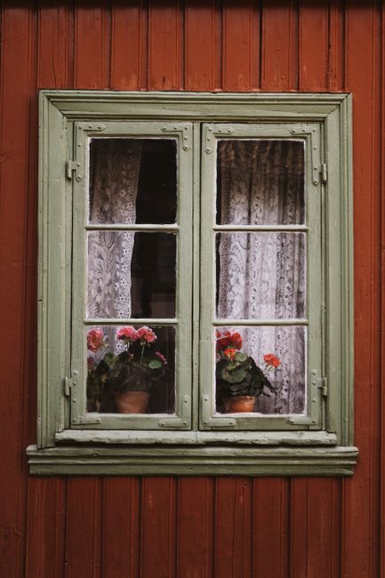 A rustic window with blooming flowers in Norway, perfect for cozy home themes.