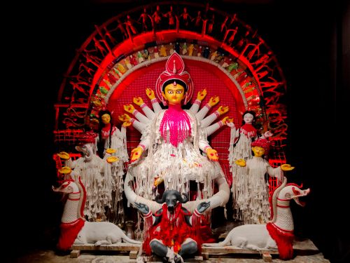 Free Colorful, traditional Hindu Durga idol decorated for a festival celebration with intricate detailing. Stock Photo