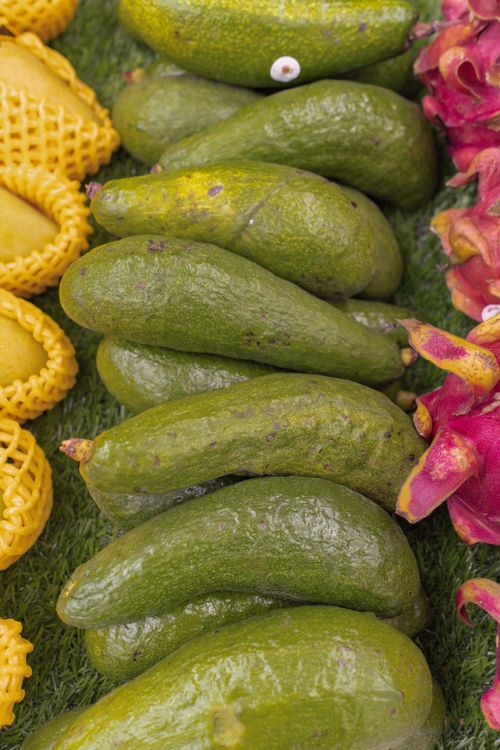 Free Close-up of assorted avocados and exotic dragon fruit at a local market. Stock Photo