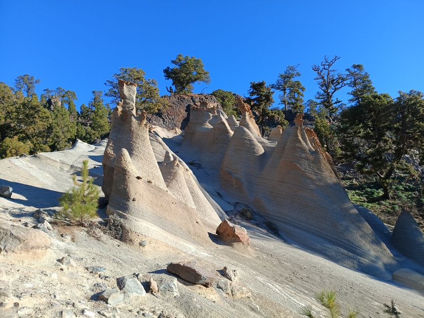 Stunning natural rock formations under a clear blue sky in Tenerife, Spain.