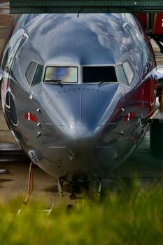 Detailed front view of a commercial jetliner parked at an airport runway.